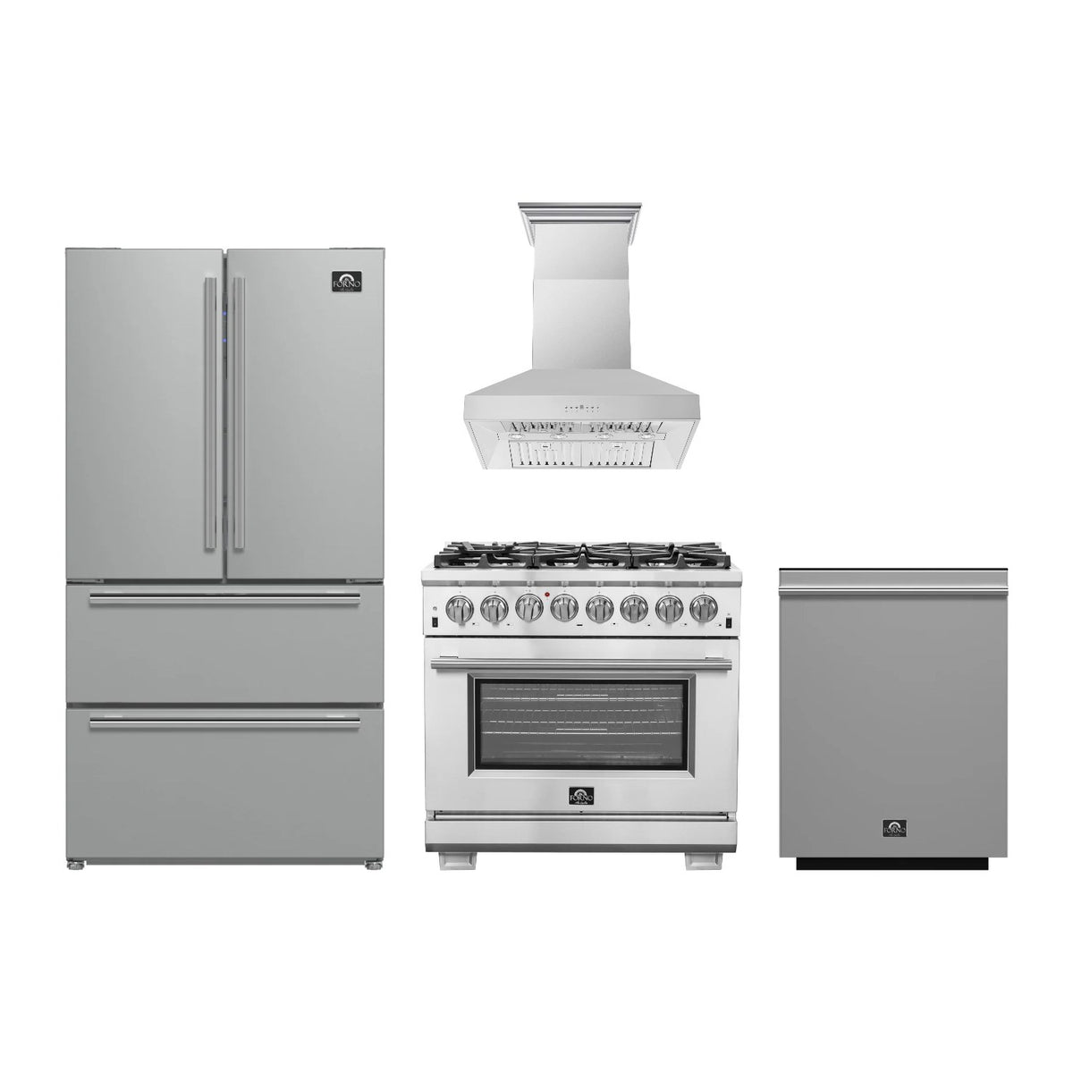 Forno Capriasca 36 inch Kitchen Package in Stainless Steel — Dual Fuel Range, Range Hood, Refrigerator & Dishwasher