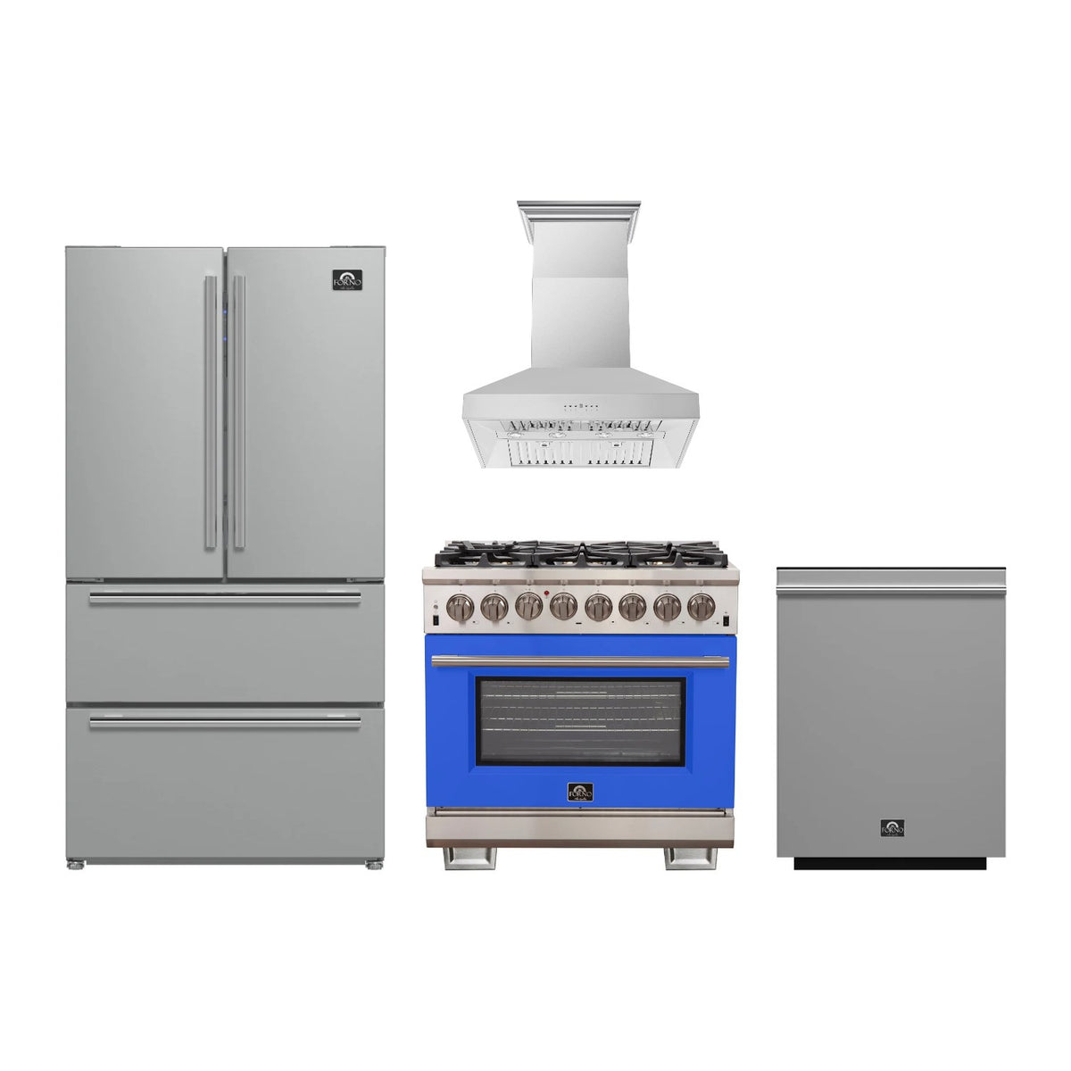 Forno Capriasca 36 inch Kitchen Package in Stainless Steel with Blue Door — Dual Fuel Range, Range Hood, Refrigerator & Dishwasher