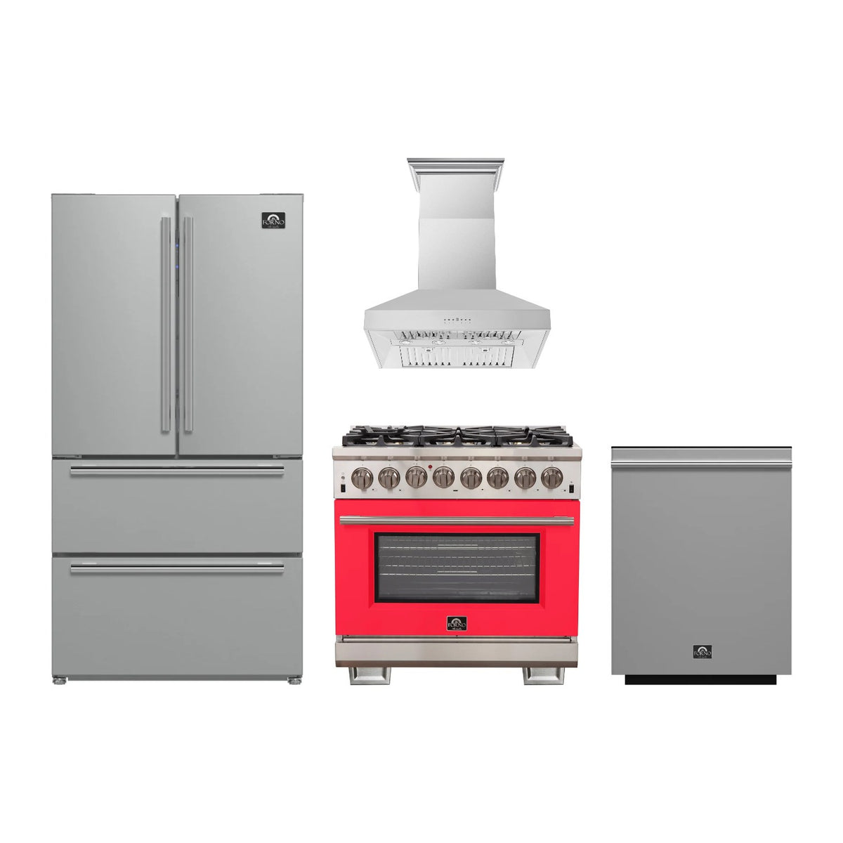 Forno Capriasca 36 inch Kitchen Package in Stainless Steel with Red Door — Dual Fuel Range, Range Hood, Refrigerator & Dishwasher