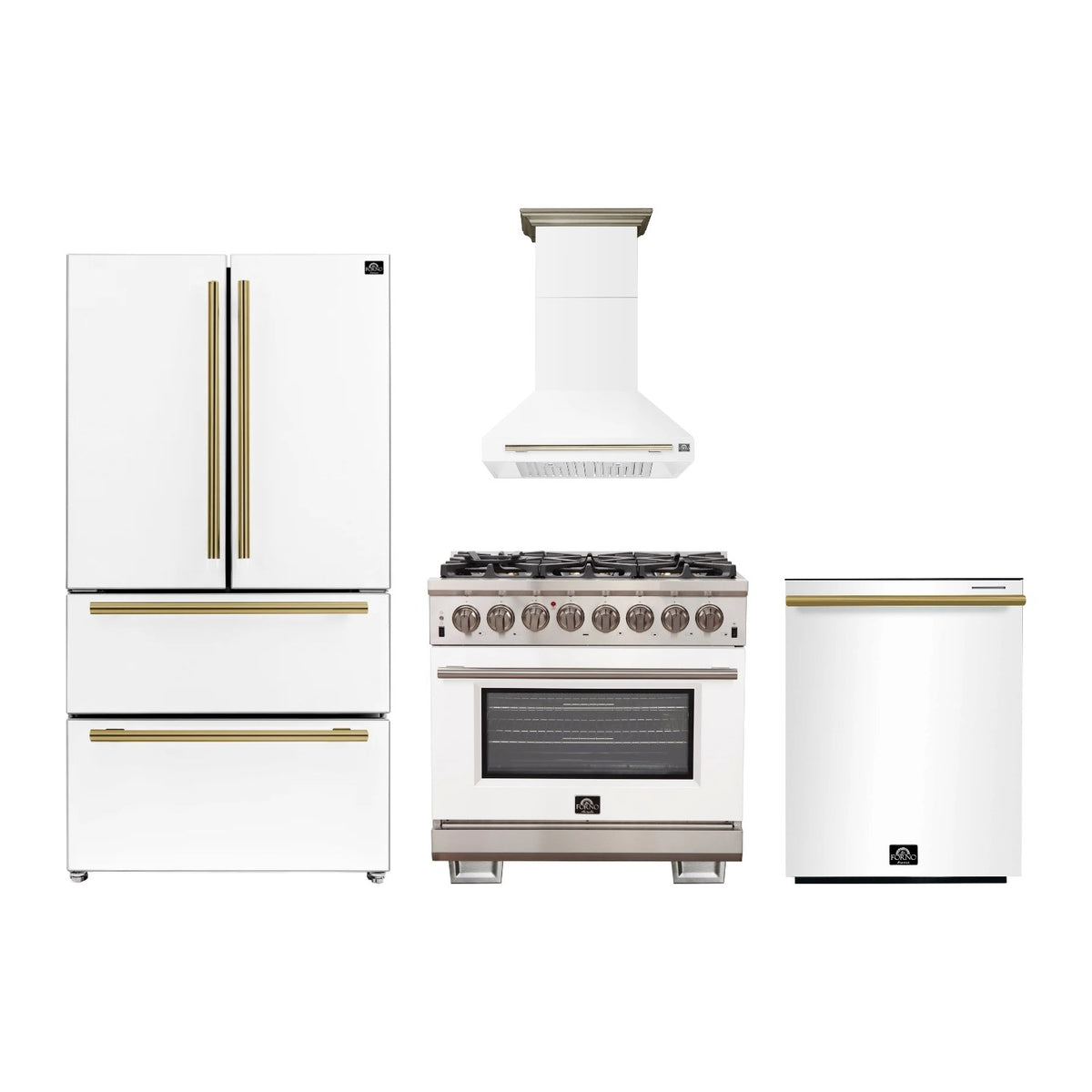 Forno Capriasca 36 inch Kitchen Package in White — Dual Fuel Range, Range Hood, Refrigerator & Dishwasher