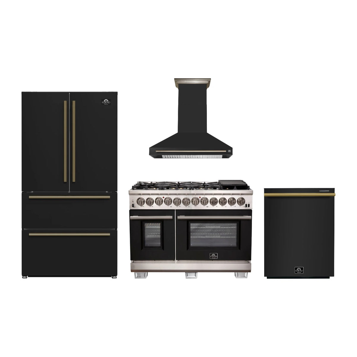 Forno Capriasca 48 inch Kitchen Package in Black — Dual Fuel Range, Range Hood, Refrigerator & Dishwasher
