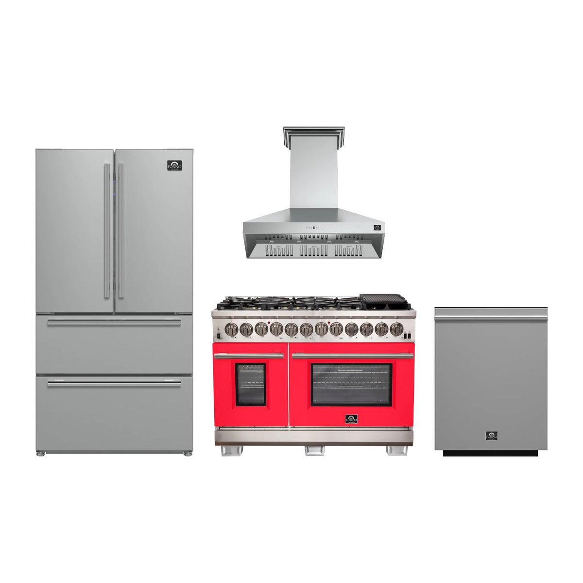 Forno Capriasca 48 inch Kitchen Package in Stainless Steel with Red Door — Dual Fuel Range, Range Hood, Refrigerator & Dishwasher