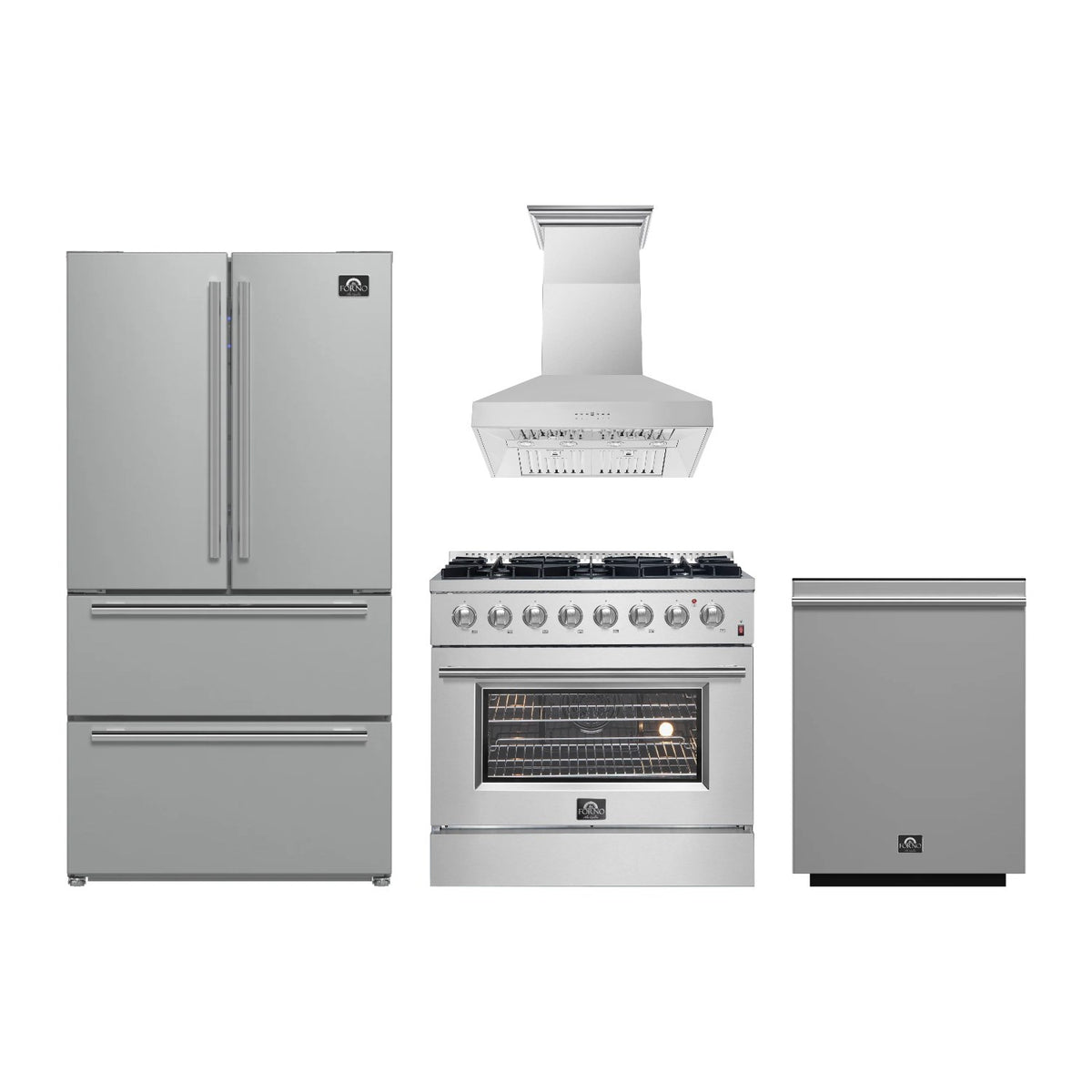 Forno Marco 36 inch Kitchen Package in Stainless Steel — Dual Fuel Range, Range Hood, Refrigerator & Dishwasher
