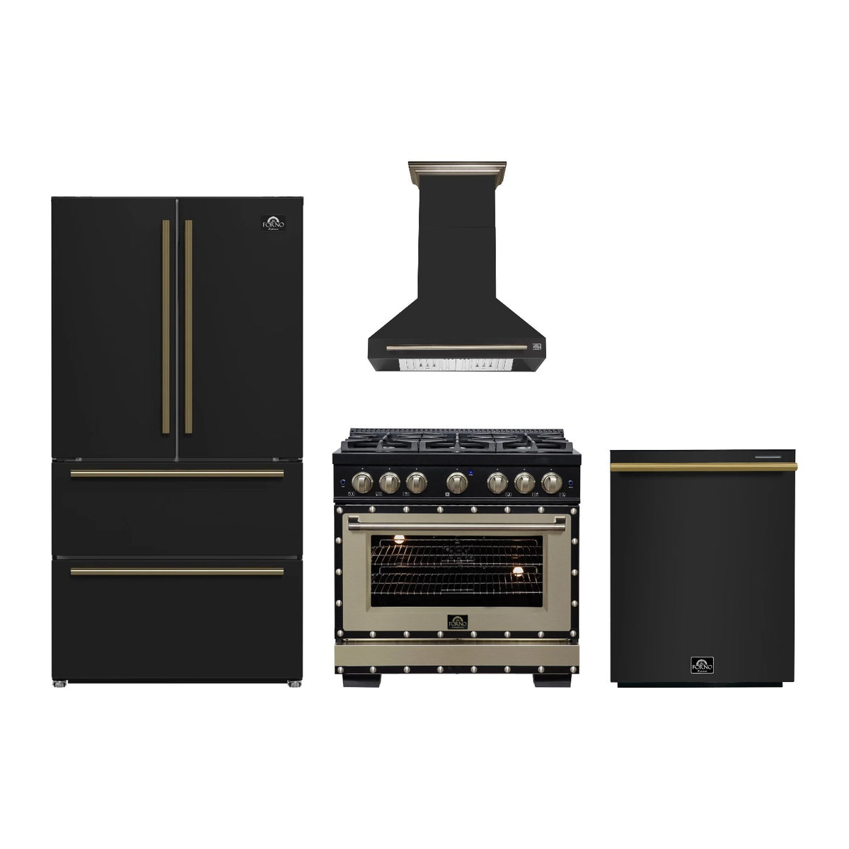 Forno Ambassador 36 inch Kitchen Package in Black — Dual Fuel Range, Range Hood, Refrigerator & Dishwasher