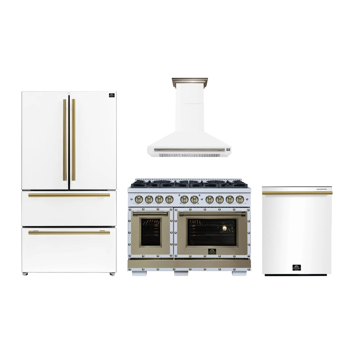 Forno Ambassador 48 inch Kitchen Package in White — Dual Fuel Range, Range Hood, Refrigerator & Dishwasher