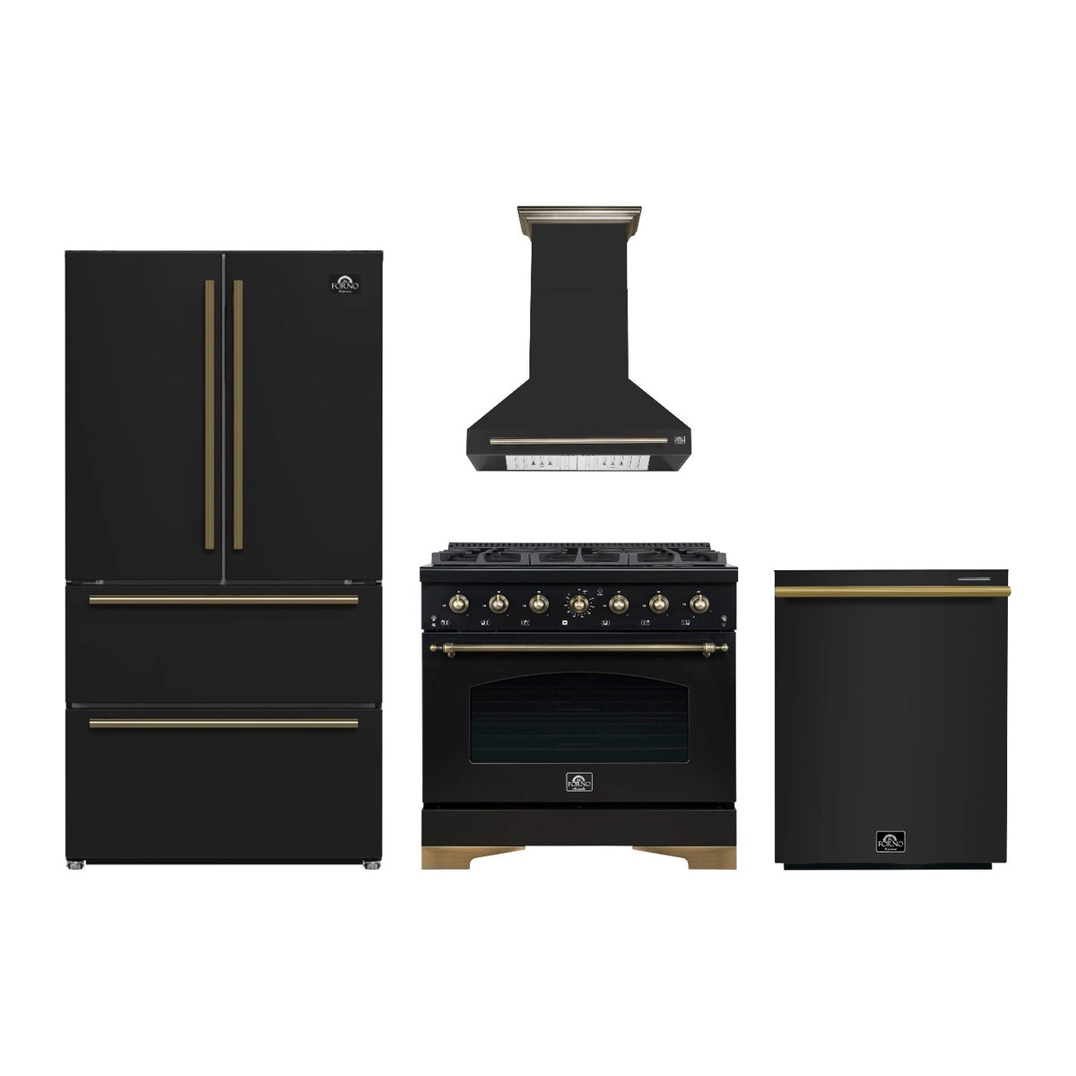 Forno Antico 36 inch Kitchen Package in Black — Gas Range, Range Hood, Refrigerator & Dishwasher