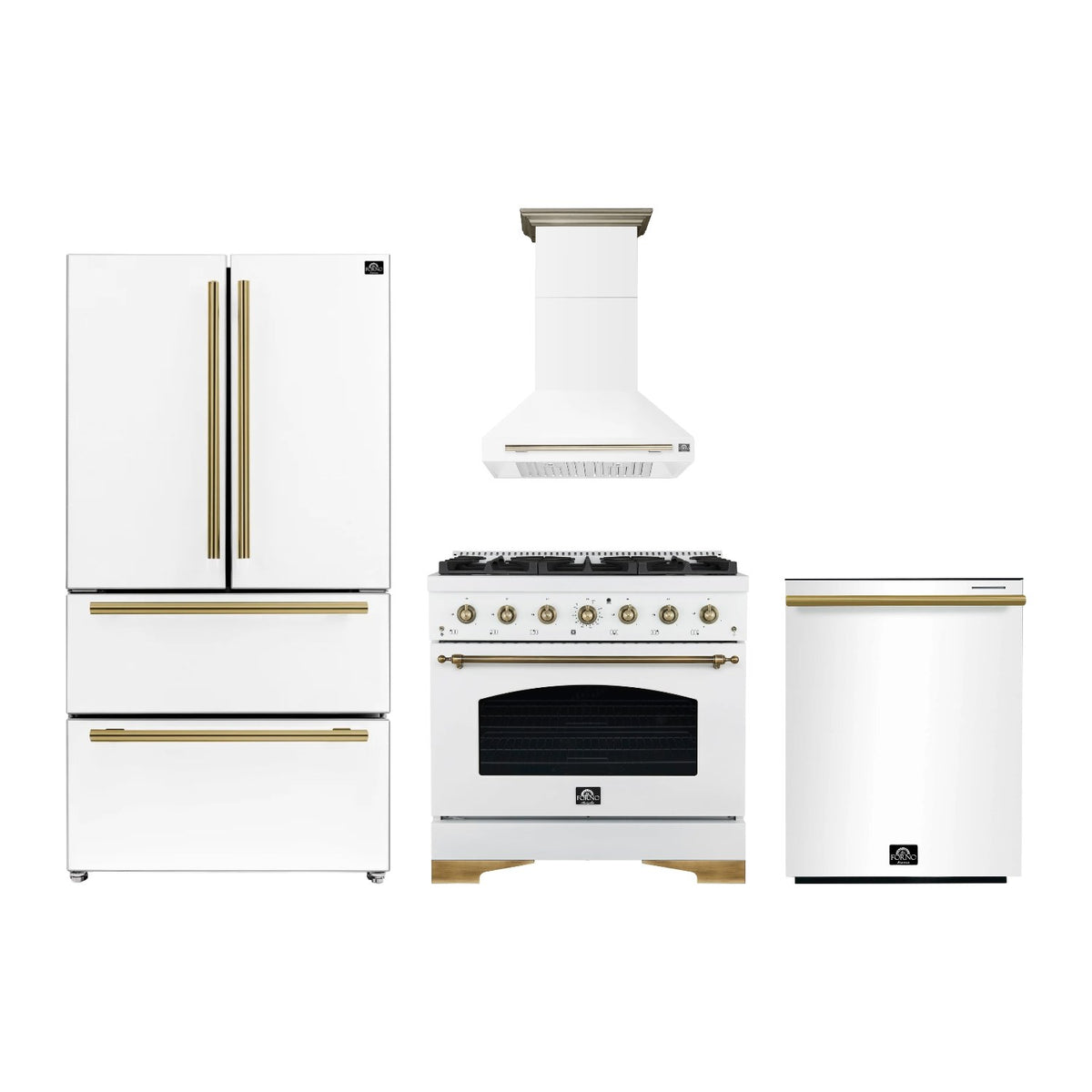 Forno Antico 36 inch Kitchen Package in White — Gas Range, Range Hood, Refrigerator & Dishwasher
