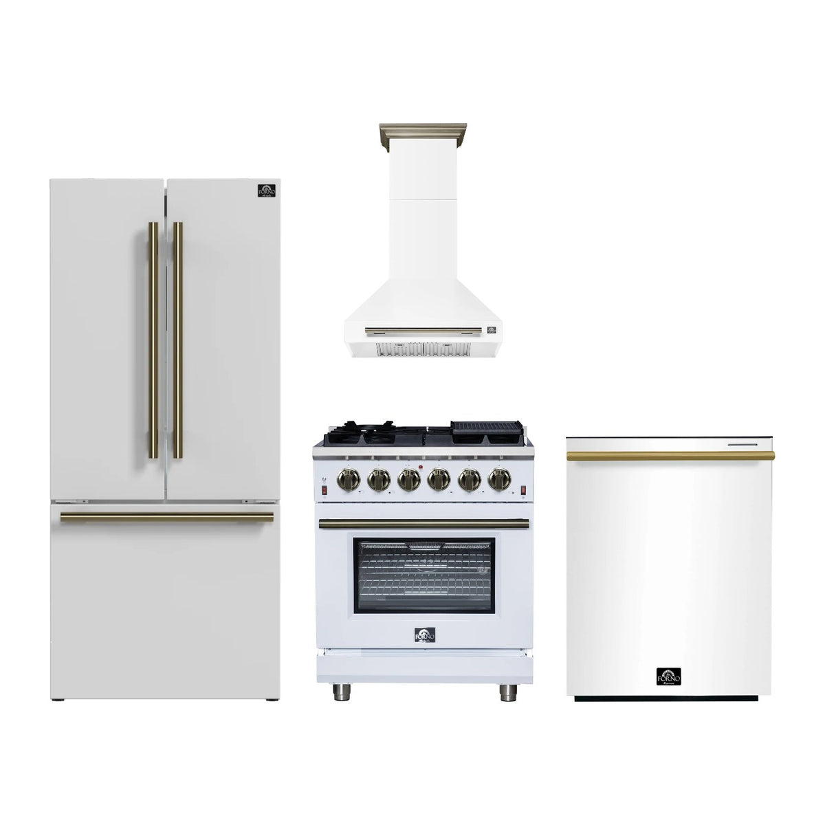 Forno Massimo 30 inch Kitchen Package in White — Gas Range, Range Hood, Refrigerator & Dishwasher