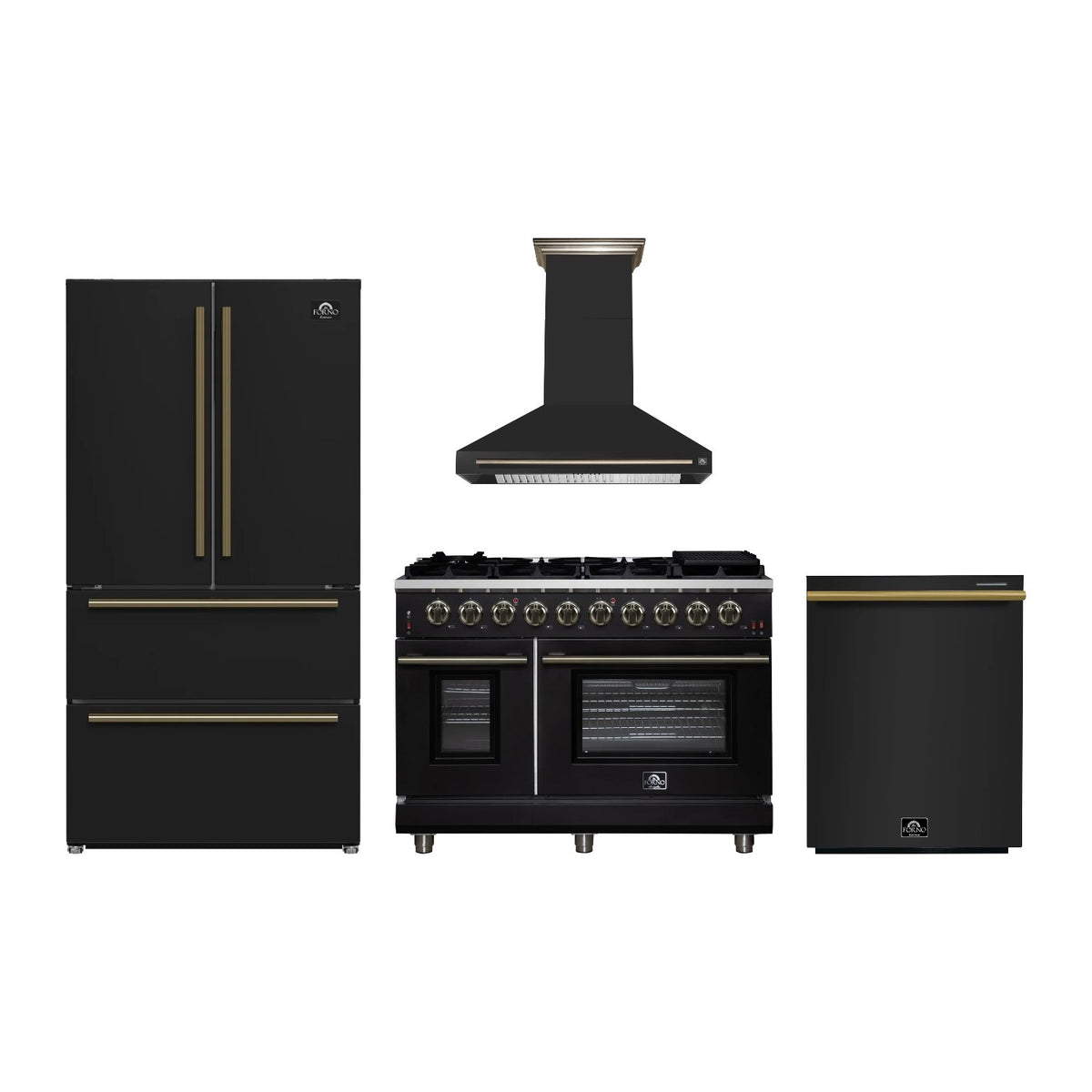 Forno Massimo 48 inch Kitchen Package in Black — Gas Range, Range Hood, Refrigerator & Dishwasher