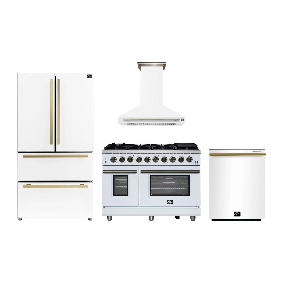 Forno Massimo 48 inch Kitchen Package in White — Gas Range, Range Hood, Refrigerator & Dishwasher