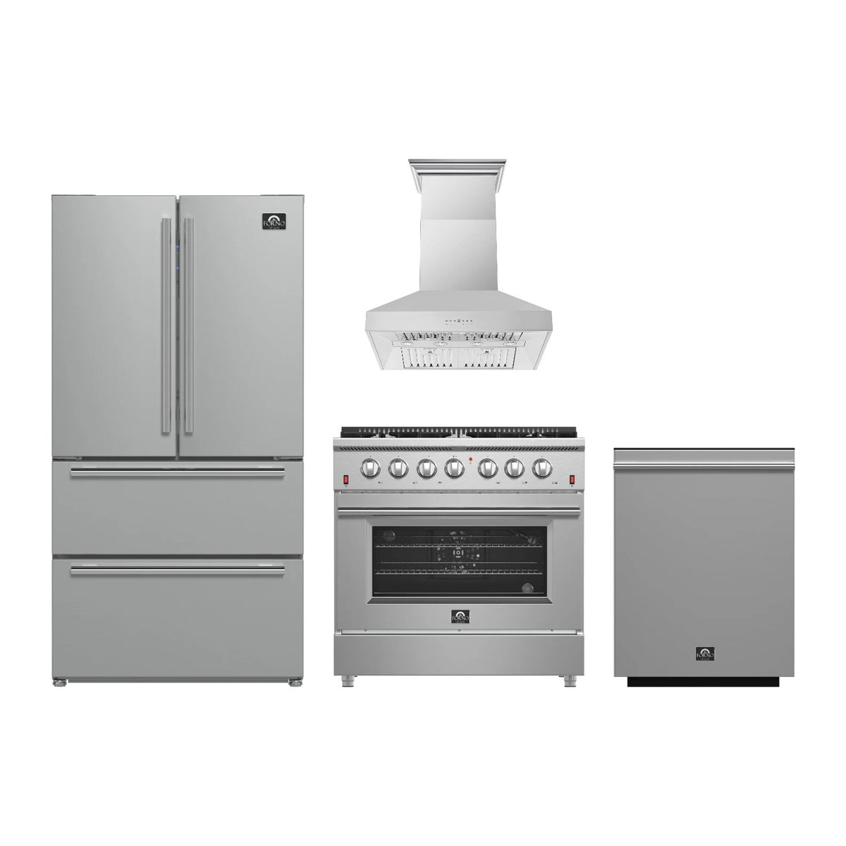 Forno Galiano 36 inch Kitchen Package in Stainless Steel — Gas Range, Range Hood, Refrigerator & Dishwasher