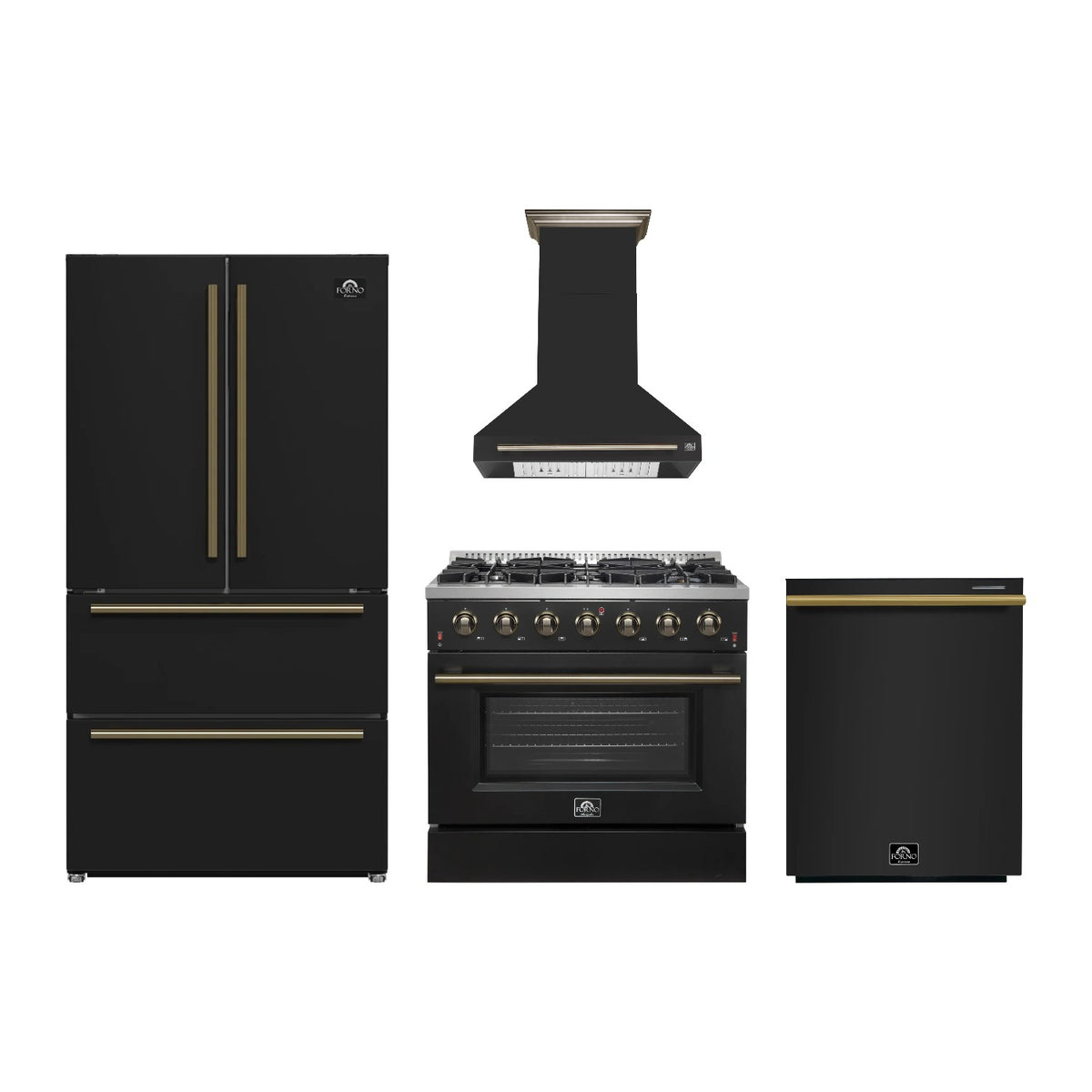 Forno Galiano 36 inch Kitchen Package in Black — Gas Range, Range Hood, Refrigerator & Dishwasher