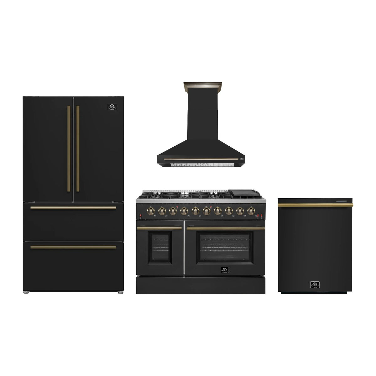 Forno Galiano 48 inch Kitchen Package in Black — Gas Range, Range Hood, Refrigerator & Dishwasher
