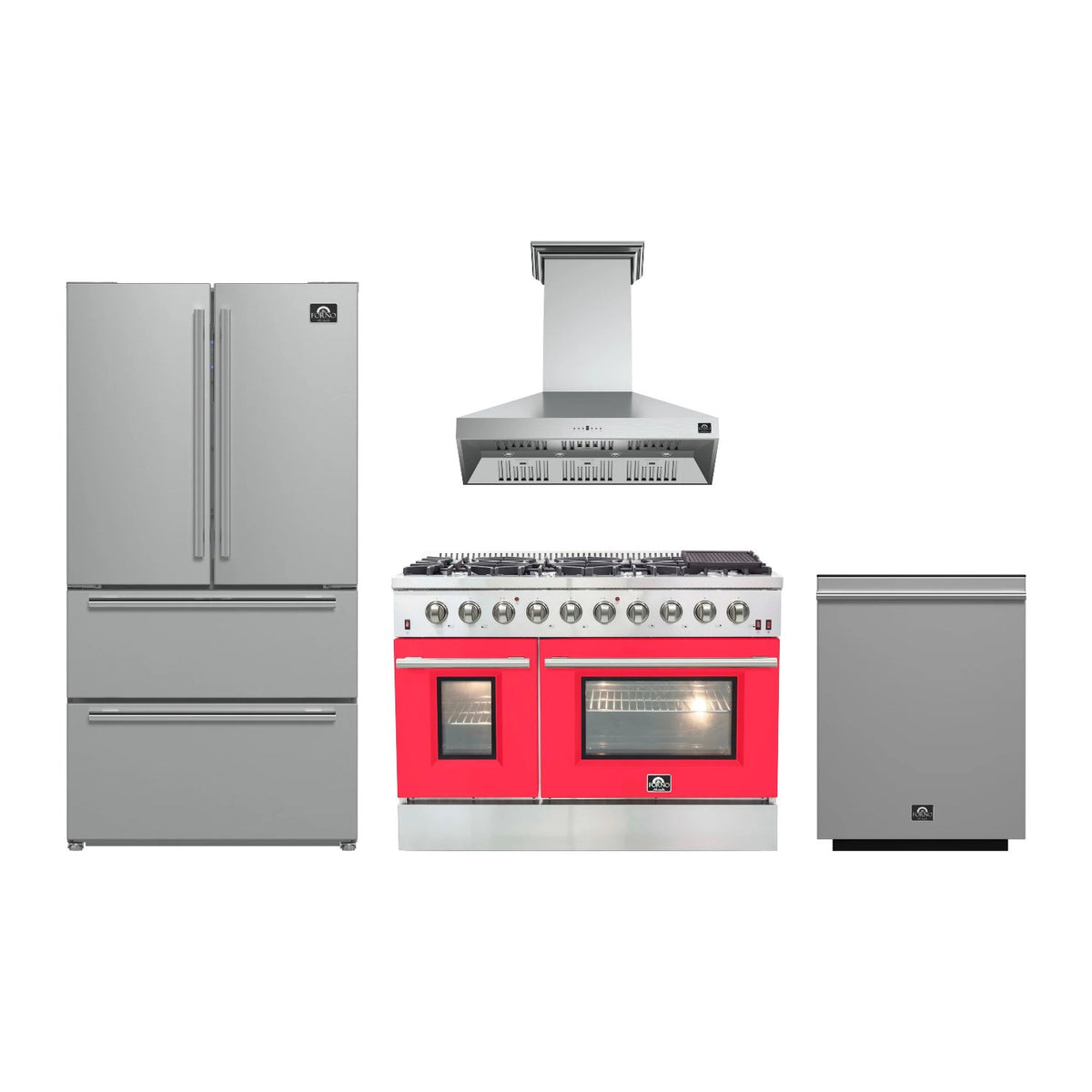 Forno Galiano 48 inch Kitchen Package in Stainless Steel with Red Door — Gas Range, Range Hood, Refrigerator & Dishwasher
