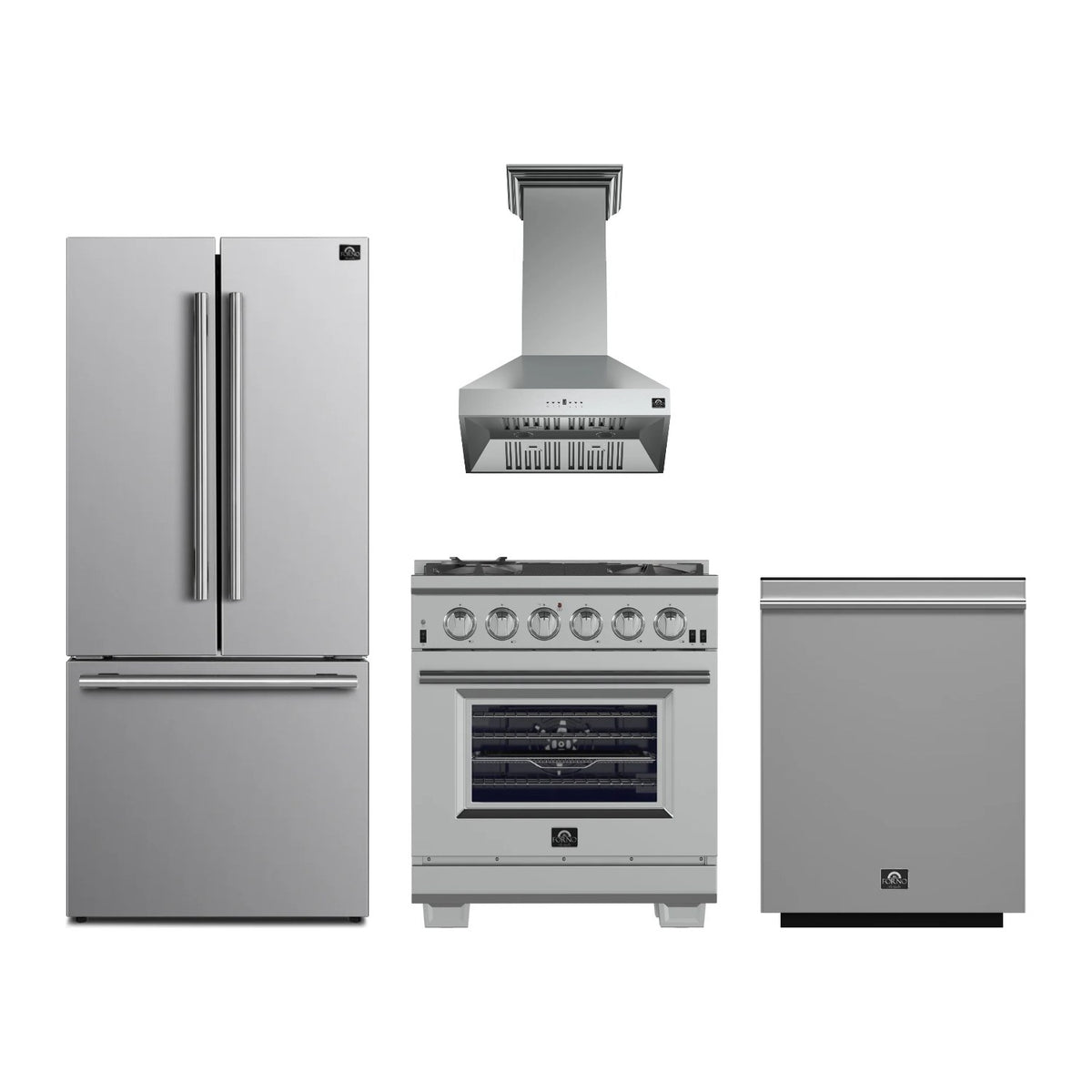 Forno Capriasca 30 inch Kitchen Package in Stainless Steel — Gas Range, Range Hood, Refrigerator & Dishwasher