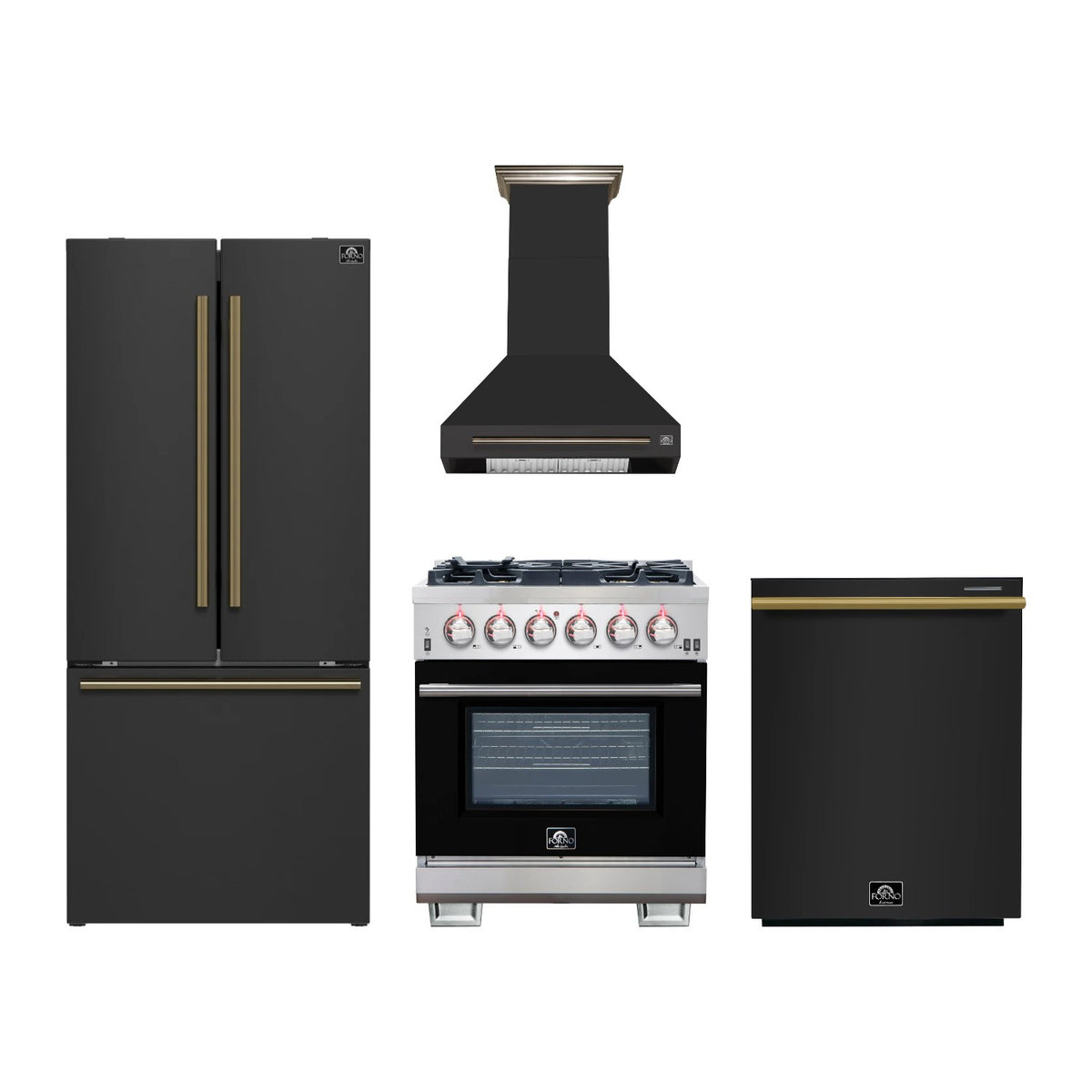 Forno Capriasca 30 inch Kitchen Package in Black — Gas Range, Range Hood, Refrigerator & Dishwasher