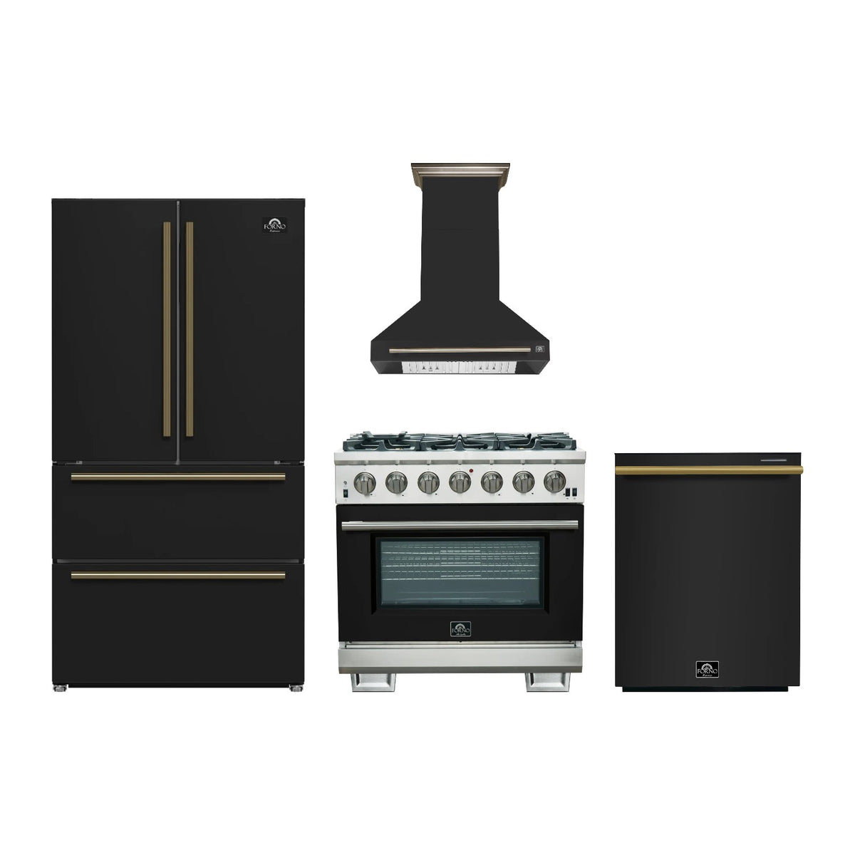Forno Capriasca 36 inch Kitchen Package in Black — Gas Range, Range Hood, Refrigerator & Dishwasher
