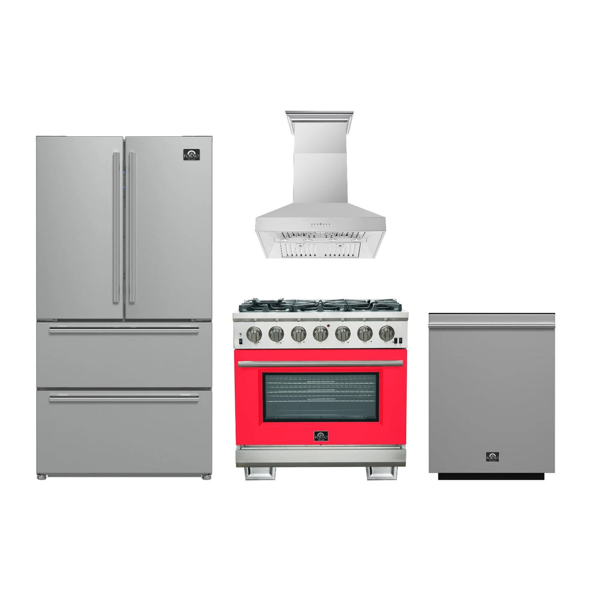 Forno Capriasca 36 inch Kitchen Package in Stainless Steel with Red Door — Gas Range, Range Hood, Refrigerator & Dishwasher