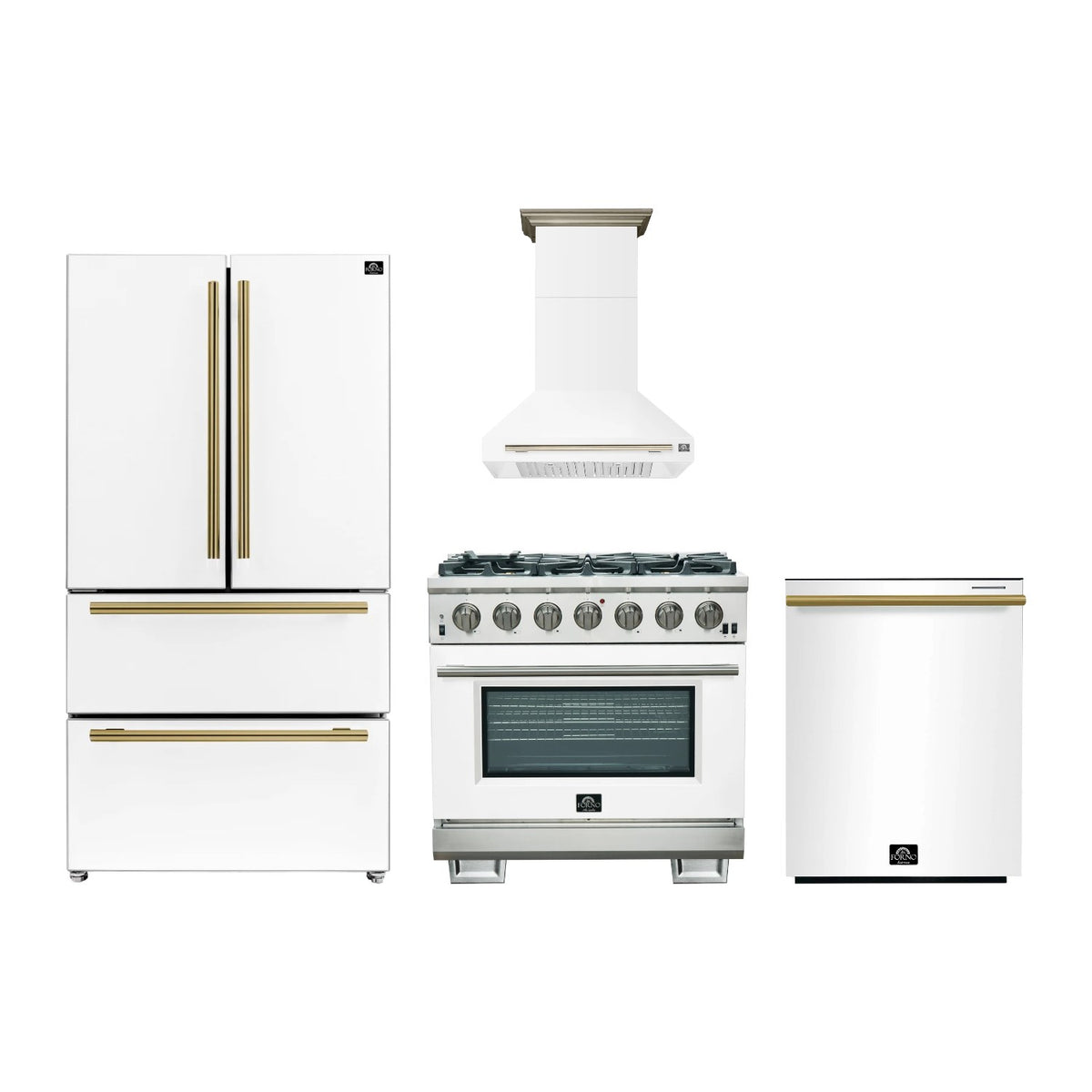 Forno Capriasca 36 inch Kitchen Package in White — Gas Range, Range Hood, Refrigerator & Dishwasher