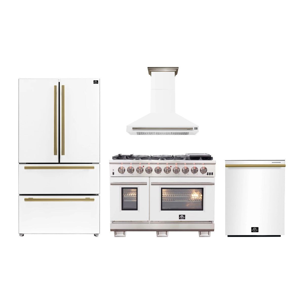 Forno Capriasca 48 inch Kitchen Package in White — Gas Range, Range Hood, Refrigerator & Dishwasher