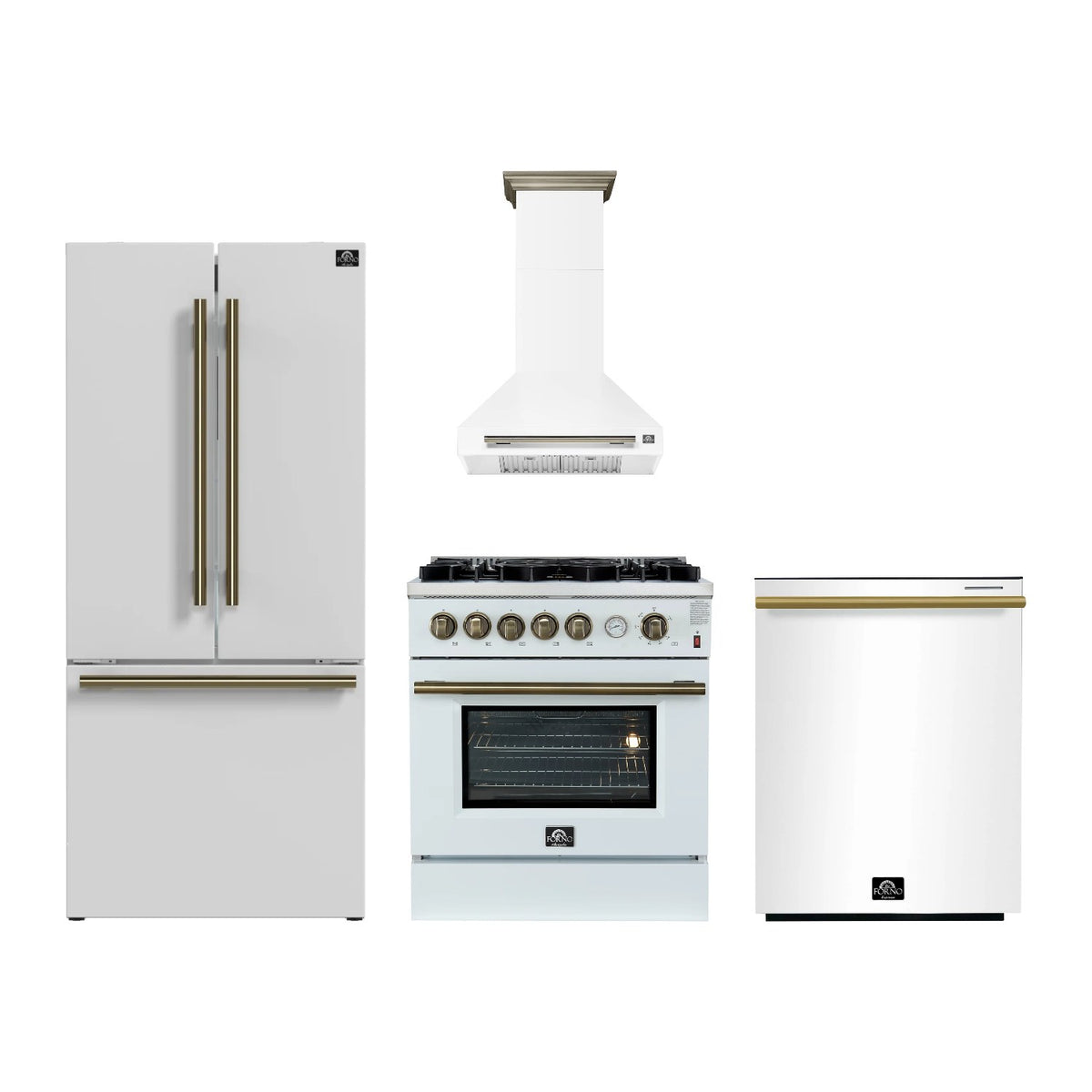 Forno Giovanni 30 inch Kitchen Package in White — Gas Range, Range Hood, Refrigerator & Dishwasher