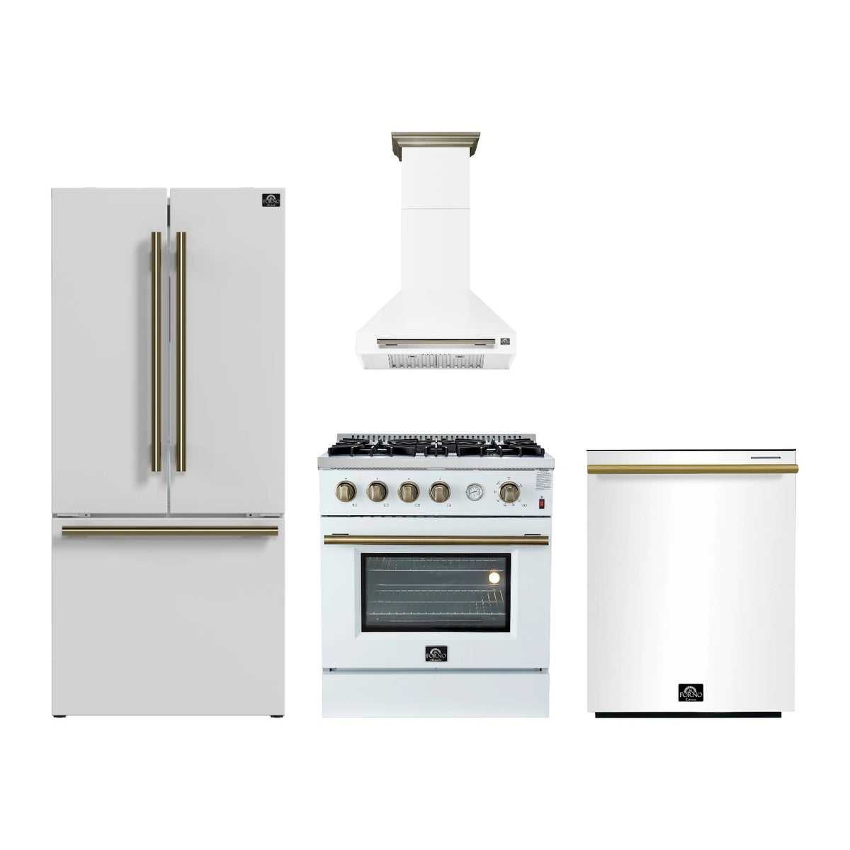Forno Marco 30 inch Kitchen Package in White — Gas Range, Range Hood, Refrigerator & Dishwasher