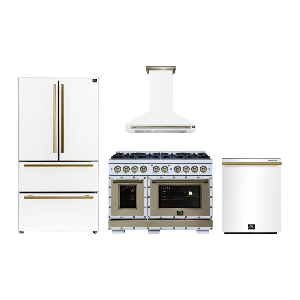 Forno Ambassador 48 inch Kitchen Package in White — Gas Range, Range Hood, Refrigerator & Dishwasher