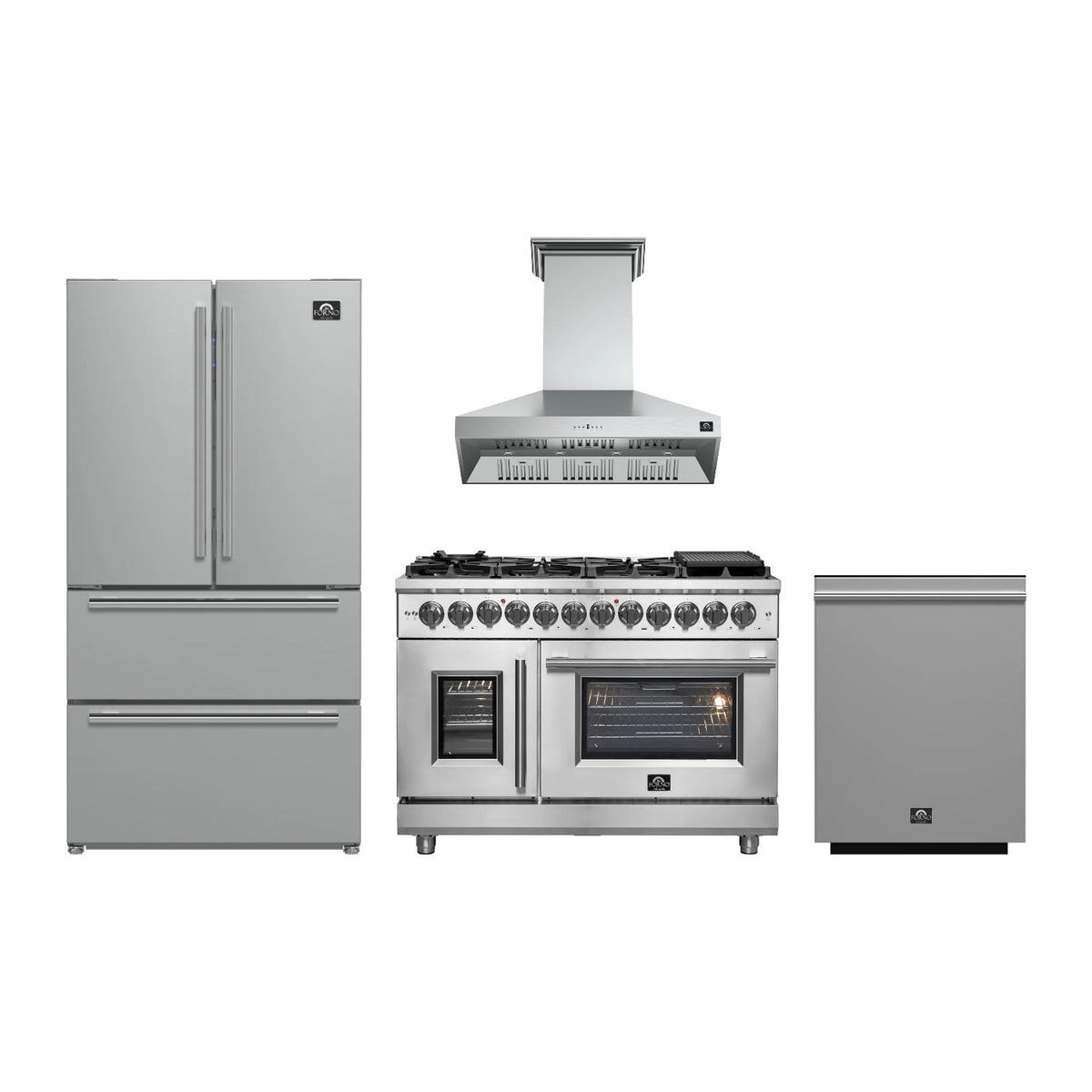Forno Massimo 48 inch Kitchen Package in Stainless Steel — French Door Dual Fuel Range, Range Hood, Refrigerator & Dishwasher
