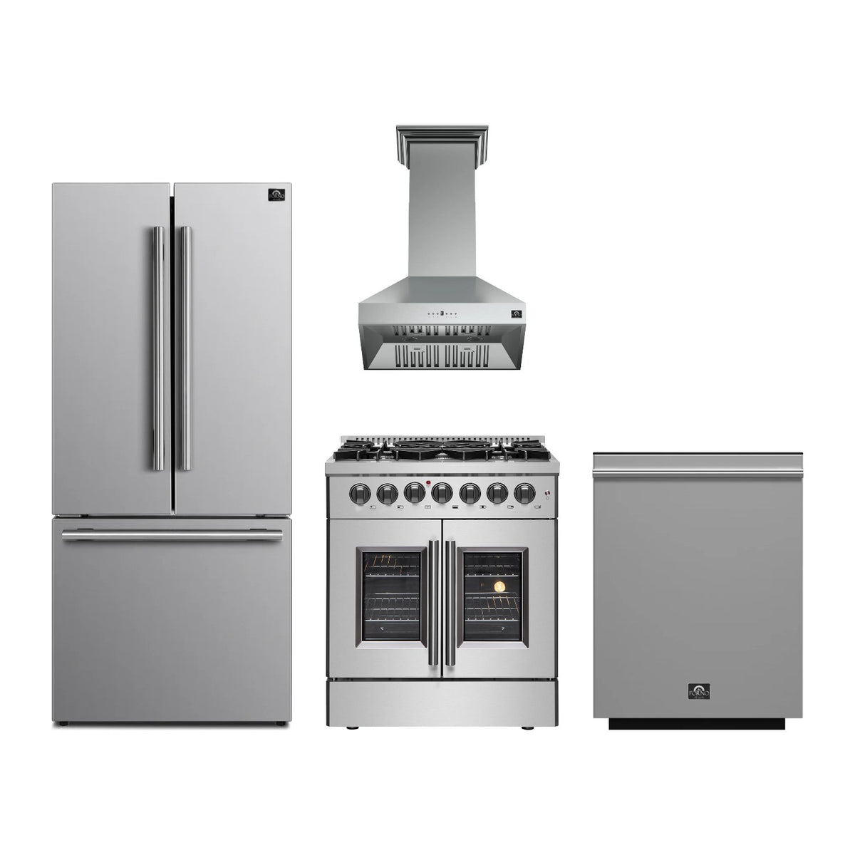 Forno Galiano 30 inch Kitchen Package in Stainless Steel — French Door Dual Fuel Range, Range Hood, Refrigerator & Dishwasher
