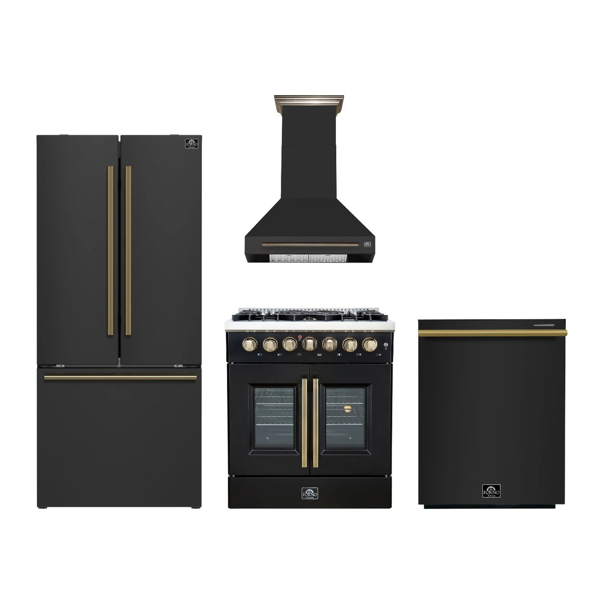 Forno Galiano 30 inch Kitchen Package in Black — French Door Dual Fuel Range, Range Hood, Refrigerator & Dishwasher