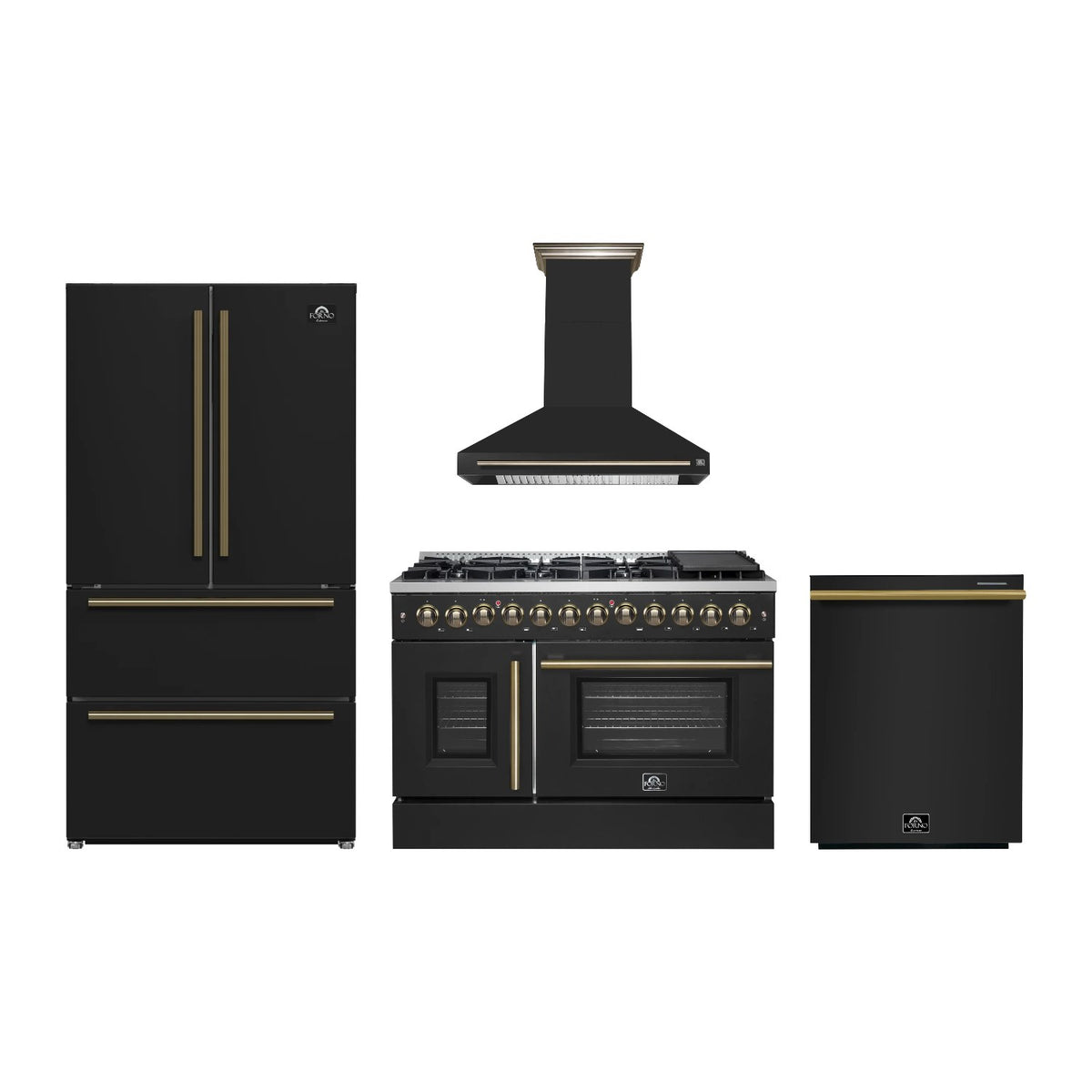 Forno Galiano 48 inch Kitchen Package in Black — French Door Dual Fuel Range, Range Hood, Refrigerator & Dishwasher