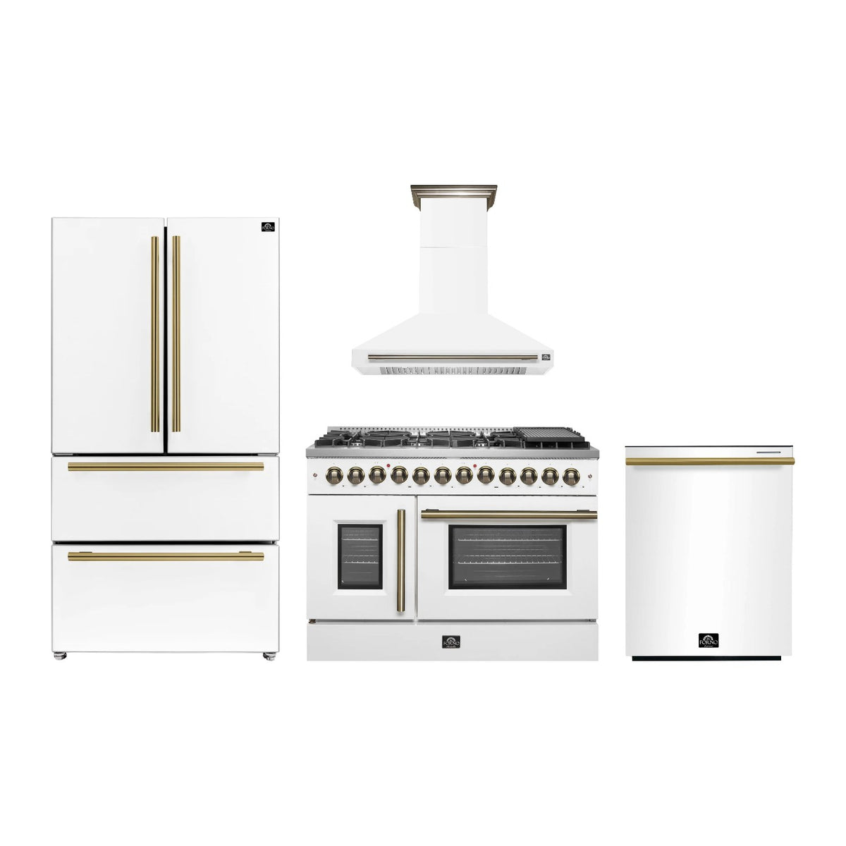 Forno Galiano 48 inch Kitchen Package in White — French Door Dual Fuel Range, Range Hood, Refrigerator & Dishwasher