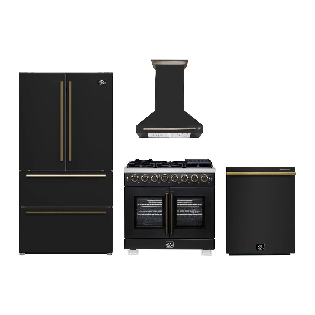 Forno Capriasca 36 inch Kitchen Package in Black — French Door Dual Fuel Range, Range Hood, Refrigerator & Dishwasher