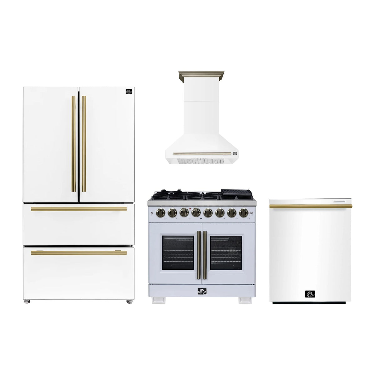 Forno Capriasca 36 inch Kitchen Package in White — French Door Dual Fuel Range, Range Hood, Refrigerator & Dishwasher