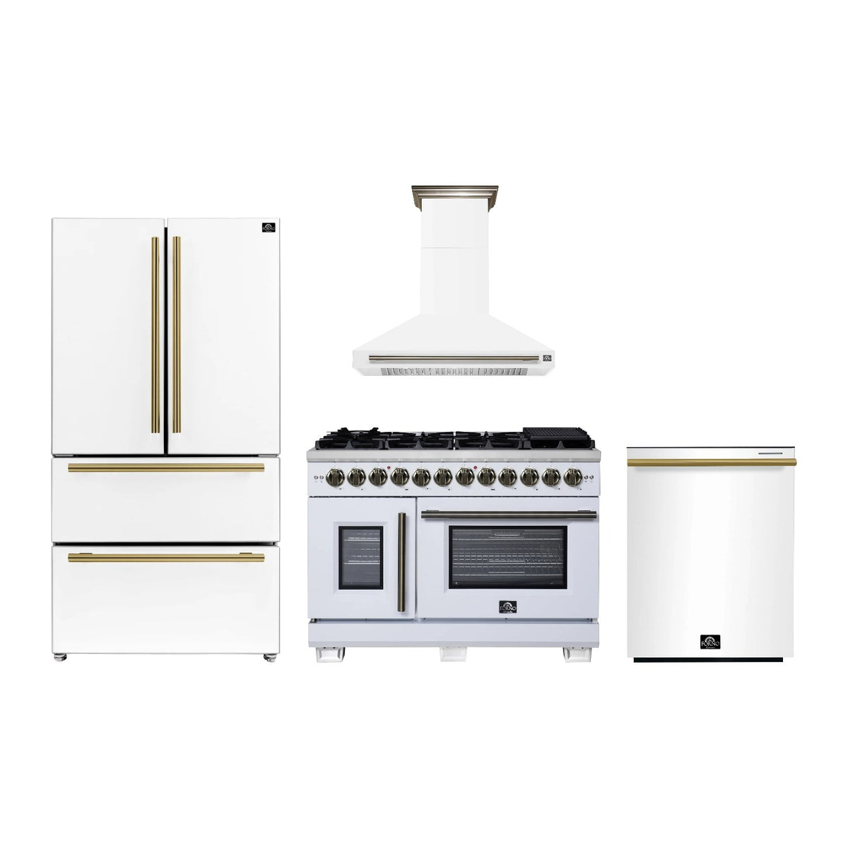 Forno Capriasca 48 inch Kitchen Package in White — French Door Dual Fuel Range, Range Hood, Refrigerator & Dishwasher