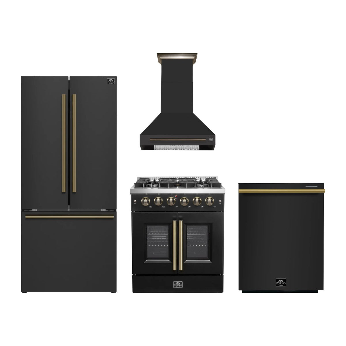 Forno Galiano 30 inch Kitchen Package in Black — French Door Gas Range, Range Hood, Refrigerator & Dishwasher