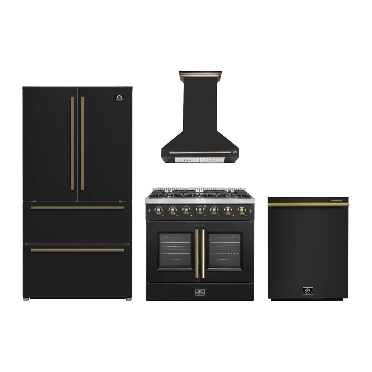 Forno Galiano 36 inch Kitchen Package in Black — French Door Gas Range, Range Hood, Refrigerator & Dishwasher
