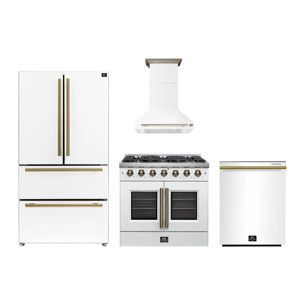 Forno Galiano 36 inch Kitchen Package in White — French Door Gas Range, Range Hood, Refrigerator & Dishwasher