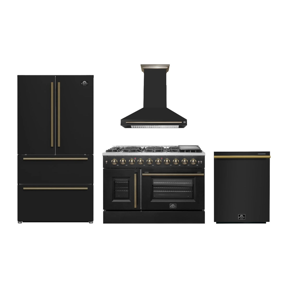 Forno Galiano 48 inch Kitchen Package in Black — French Door Gas Range, Range Hood, Refrigerator & Dishwasher