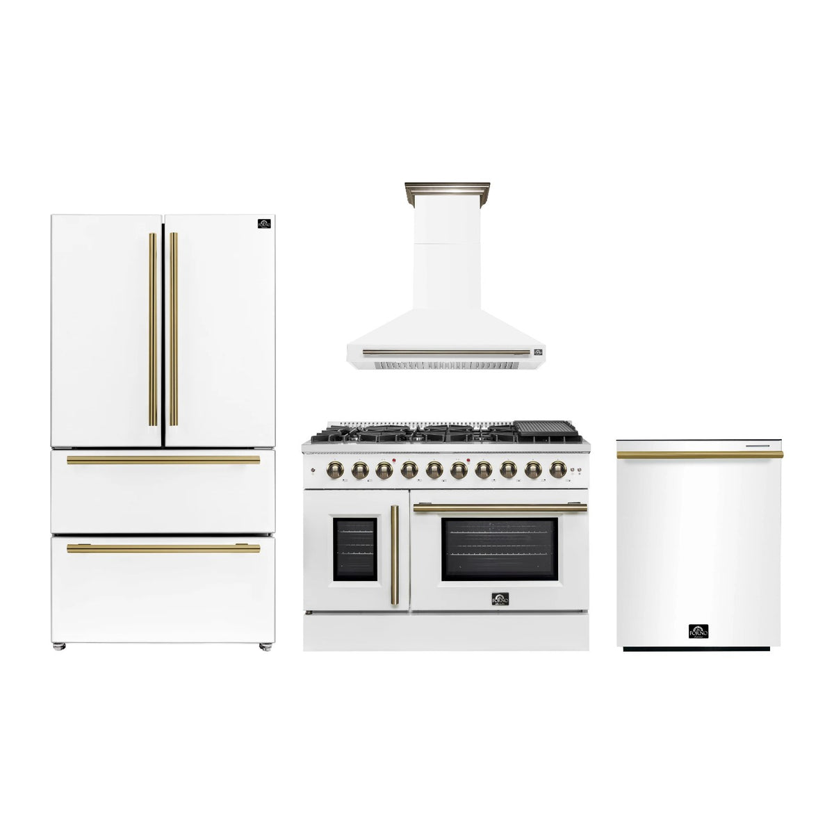 Forno Galiano 48 inch Kitchen Package in White — French Door Gas Range, Range Hood, Refrigerator & Dishwasher