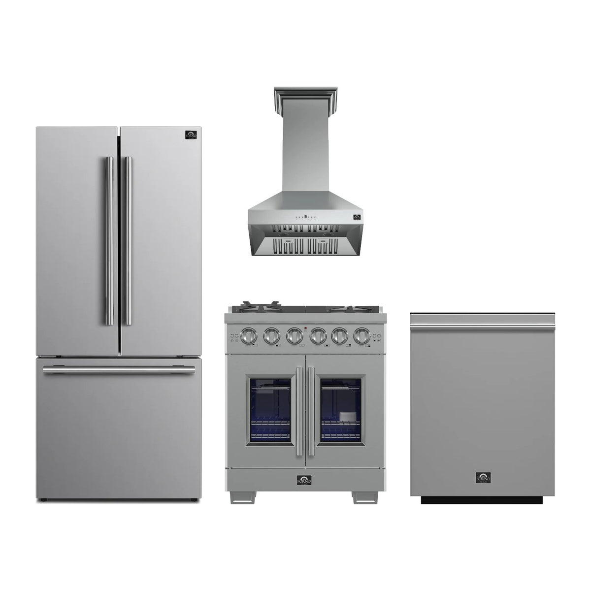 Forno Capriasca 30 inch Kitchen Package in Stainless Steel — French Door Gas Range, Range Hood, Refrigerator & Dishwasher