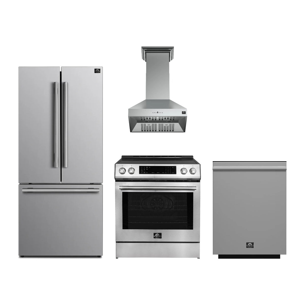 Forno Donatello 30 inch Kitchen Package in Stainless Steel — Induction Range, Range Hood, Refrigerator & Dishwasher