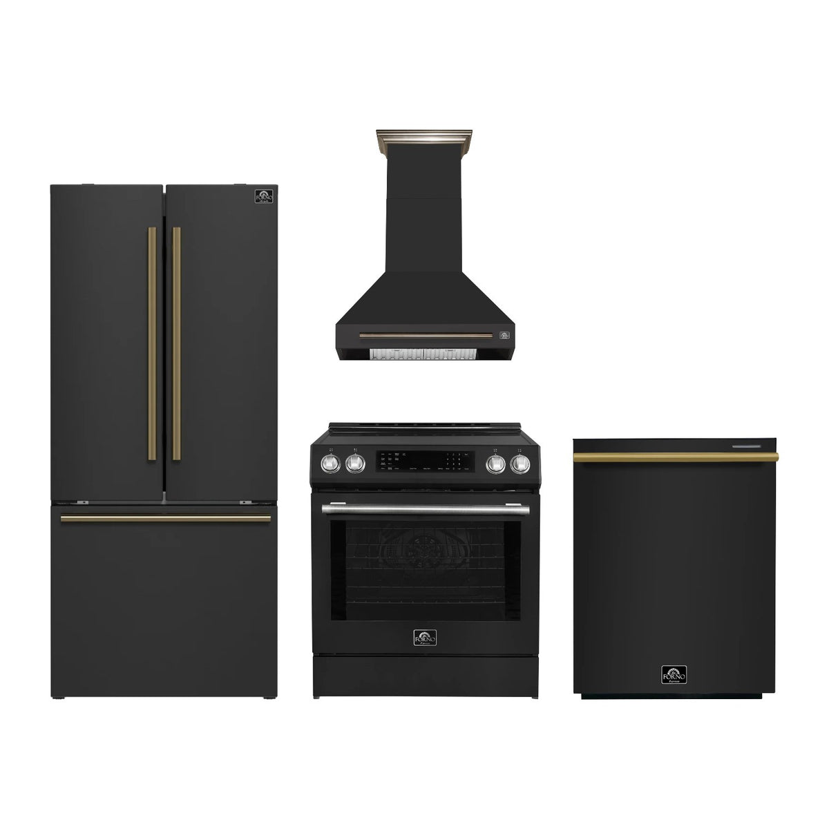 Forno Donatello 30 inch Kitchen Package in Black — Induction Range, Range Hood, Refrigerator & Dishwasher
