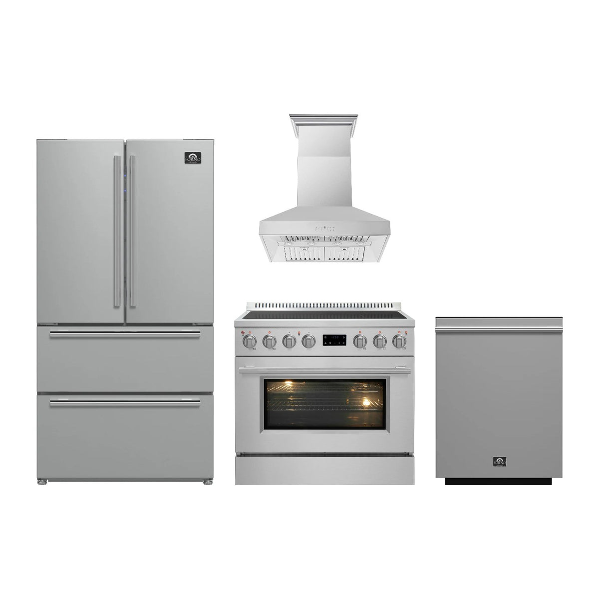 Forno Torino 36 inch Kitchen Package in Stainless Steel — Induction Range, Range Hood, Refrigerator & Dishwasher
