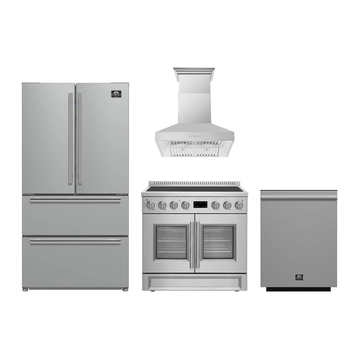 Forno Torino 36 inch Kitchen Package in Stainless Steel — French Door Induction Range, Range Hood, Refrigerator & Dishwasher