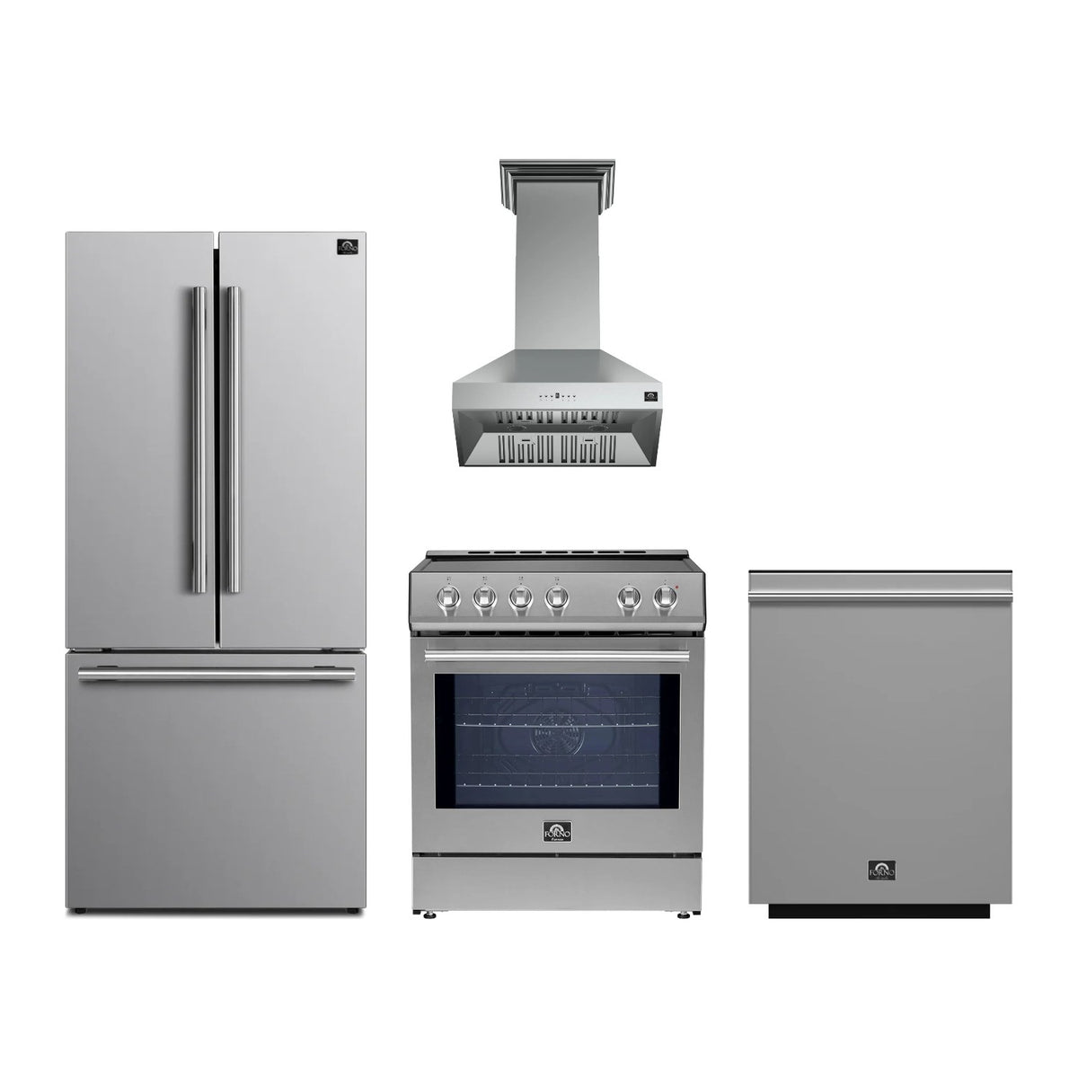 Forno Leonardo 30 inch Kitchen Package in Stainless Steel — Induction Range, Range Hood, Refrigerator & Dishwasher