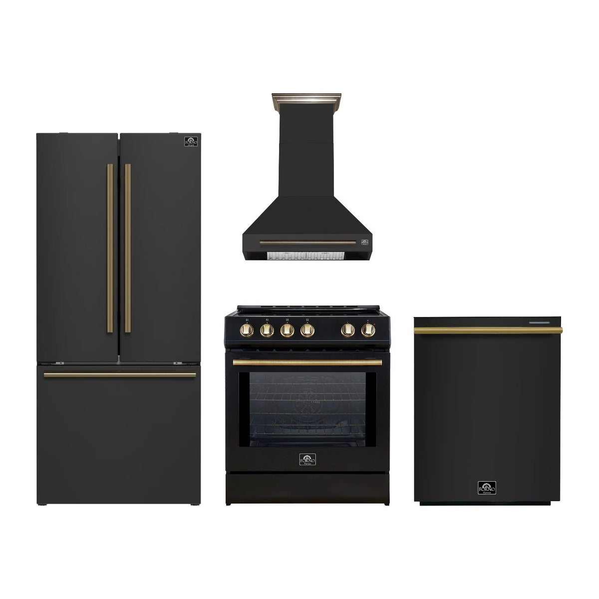 Forno Leonardo 30 inch Kitchen Package in Black — Induction Range, Range Hood, Refrigerator & Dishwasher