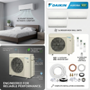 Daikin Aurora R32 air conditioning system with indoor and outdoor units, remote controls, and installation accessories.
