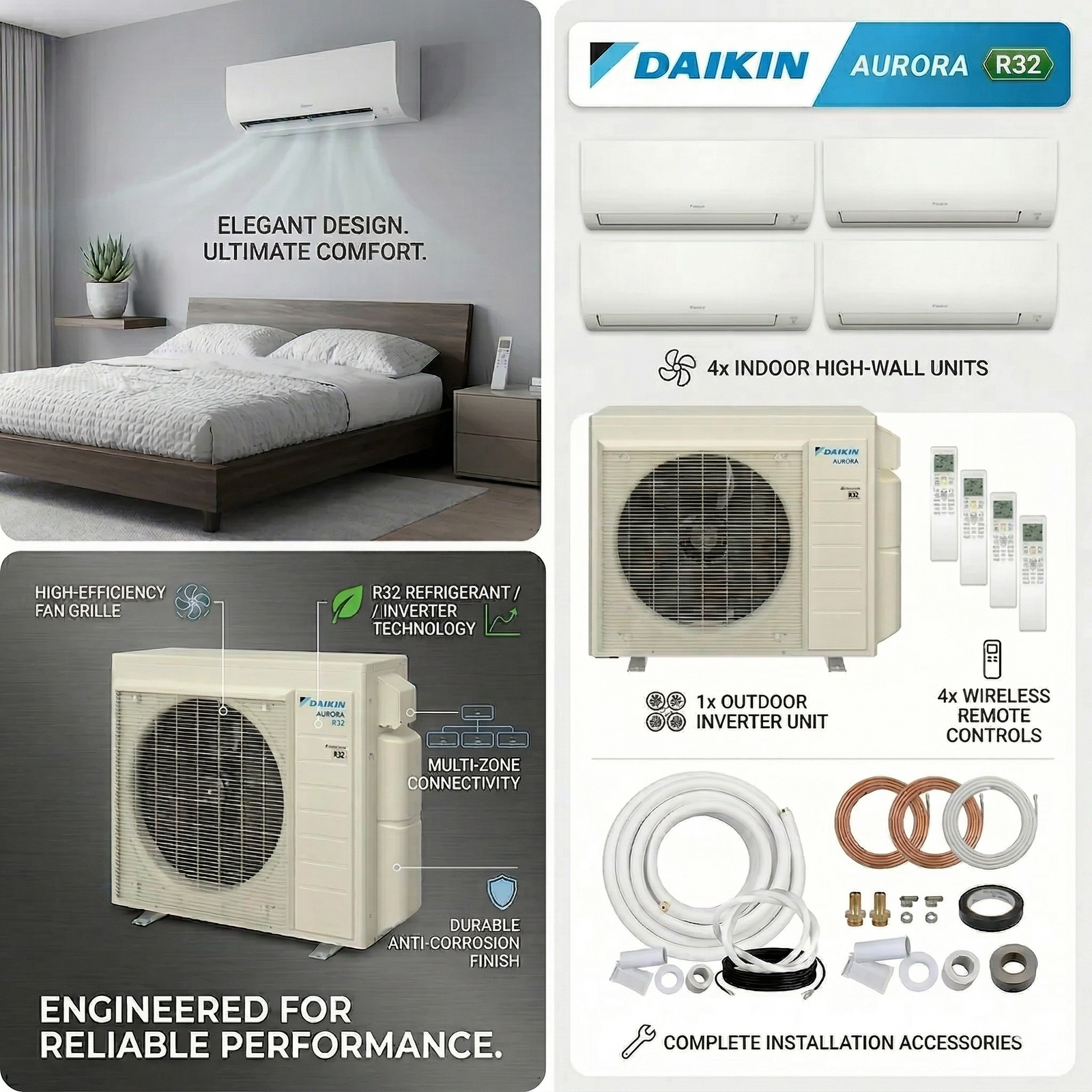 Daikin MXM 36,000 BTU (7K + 7K + 7K + 9K) 20 SEER2 4 Zone Wall Mount Mini Split Heat Pump System - R32 - 230V