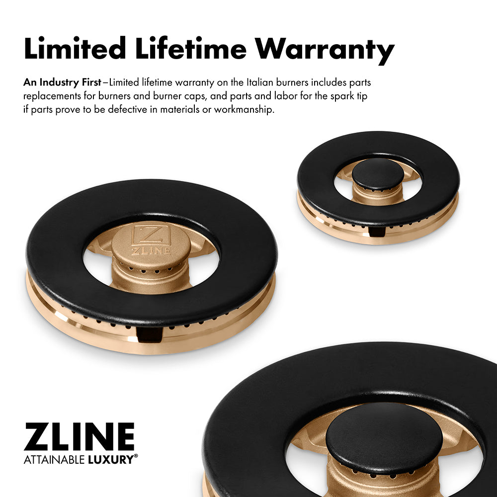 ZLINE Autograph Edition Paramount 36-inch rangetop in black satin stainless steel and polished gold accents PSRTBSZ-36-G, from above